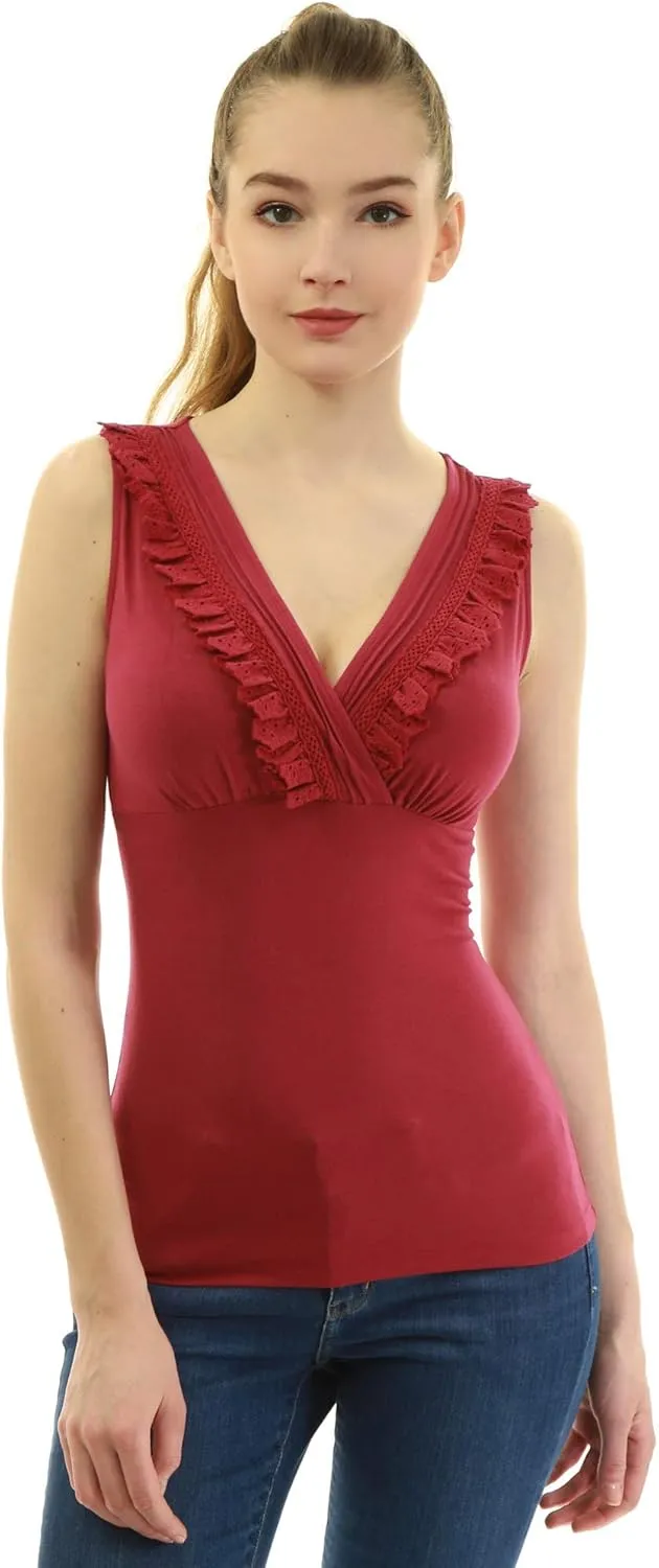 AmélieBoutik Women Crossover V Neck Lace Trim Sleeveless Blouse Tank Top