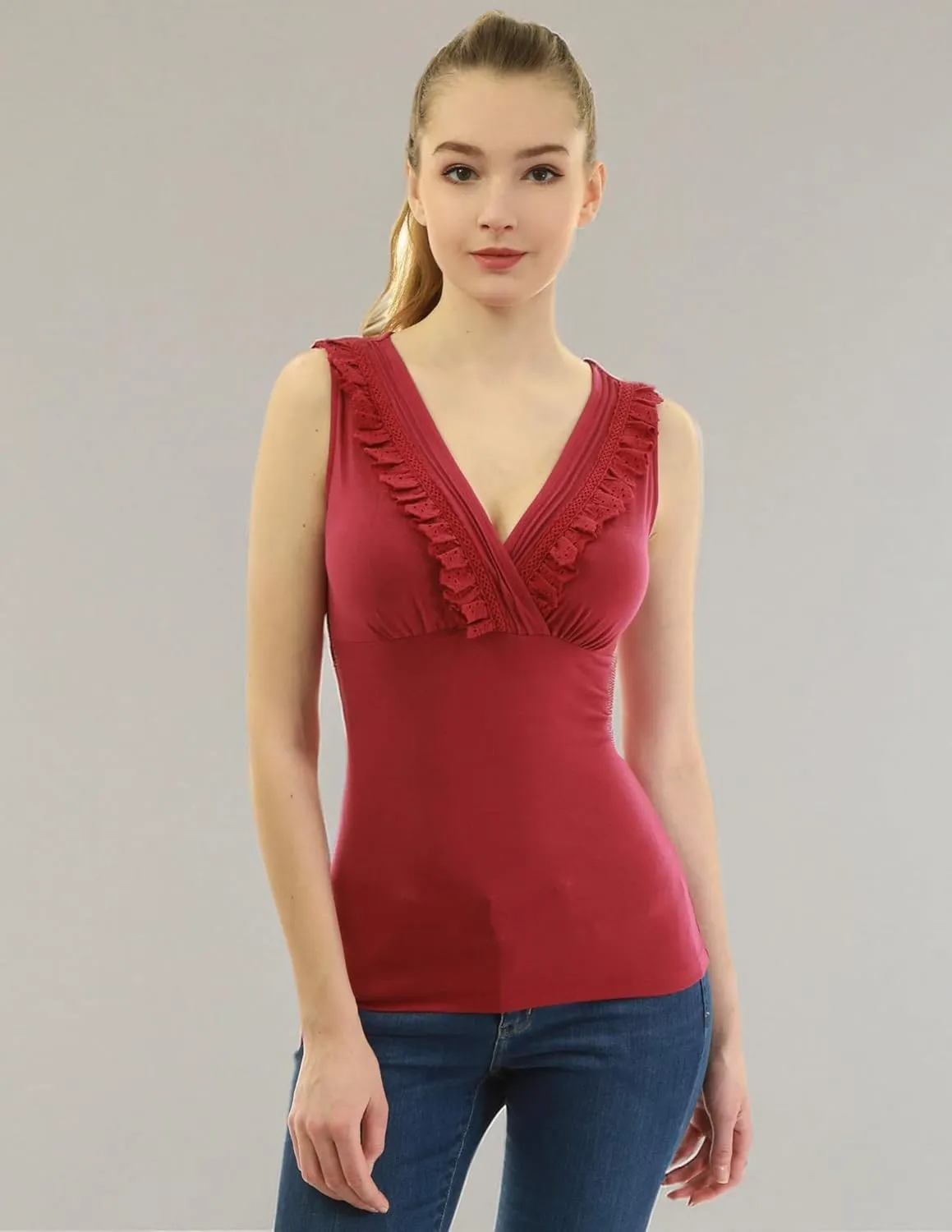 AmélieBoutik Women Crossover V Neck Lace Trim Sleeveless Blouse Tank Top