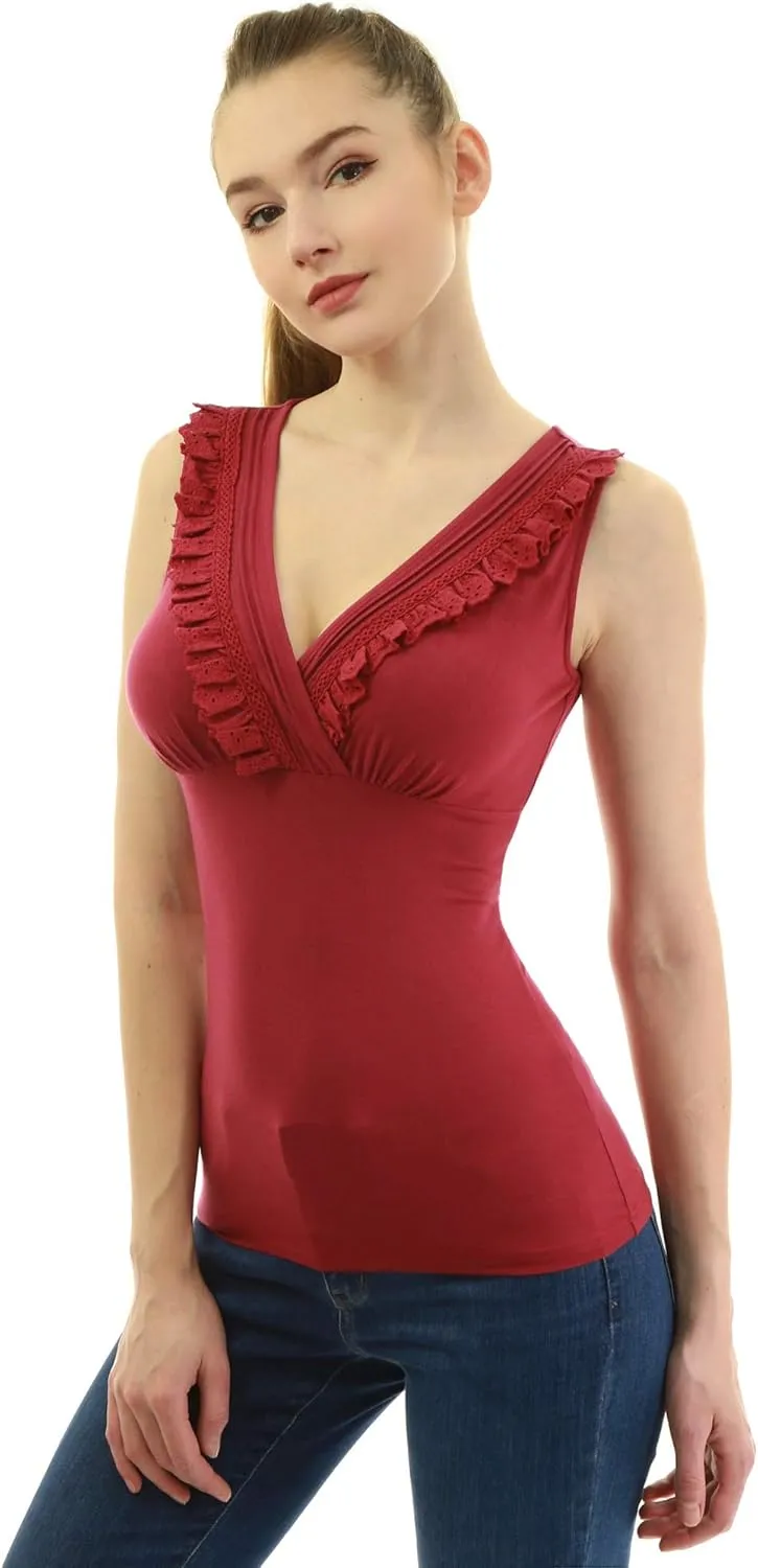 AmélieBoutik Women Crossover V Neck Lace Trim Sleeveless Blouse Tank Top