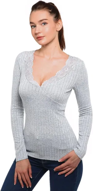 AmélieBoutik Women Lace Trim V Neck Faux Wrap Empire Waist Ribbed Long Sleeve Knit Top