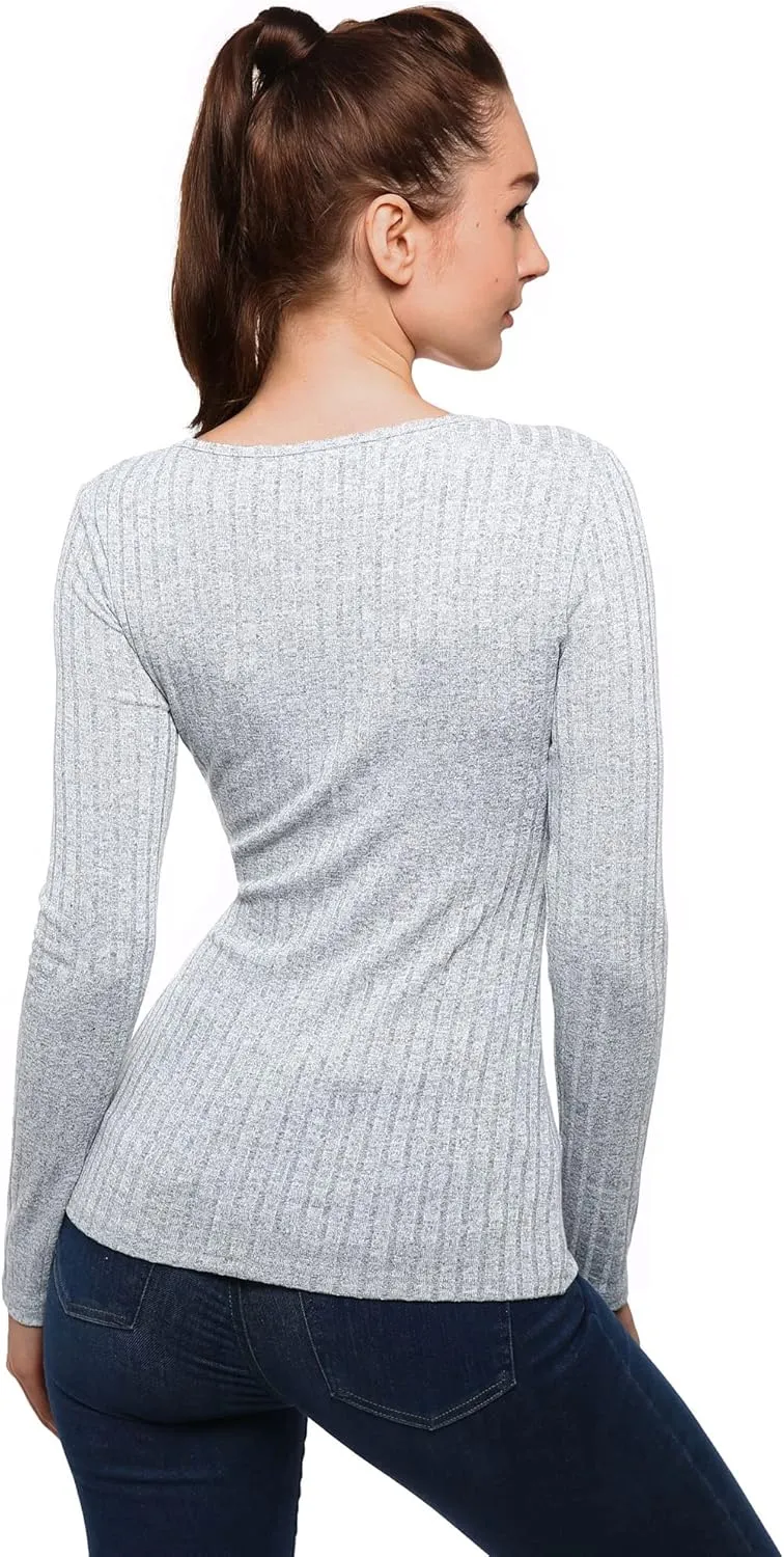 AmélieBoutik Women Lace Trim V Neck Faux Wrap Empire Waist Ribbed Long Sleeve Knit Top