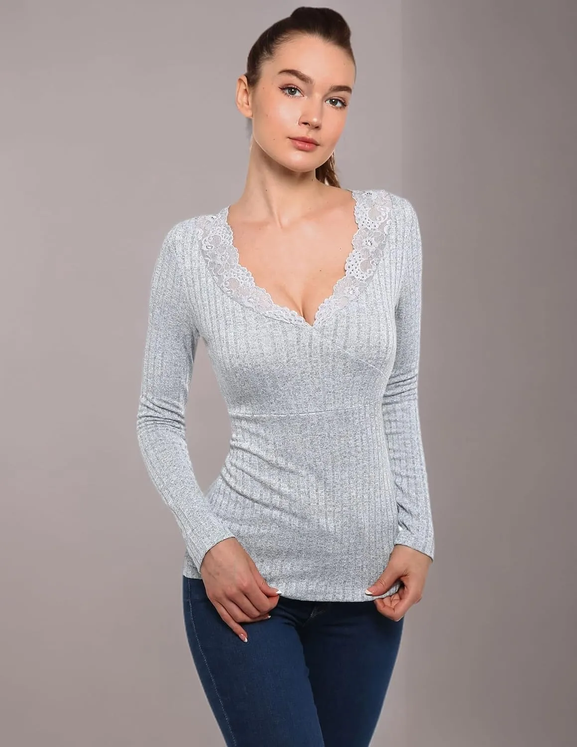 AmélieBoutik Women Lace Trim V Neck Faux Wrap Empire Waist Ribbed Long Sleeve Knit Top