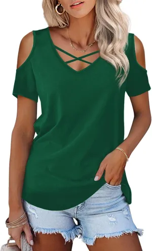 Amoretu Womens Summer Shirts V Neck Criss Cross Cold Shoulder Tops Blouse