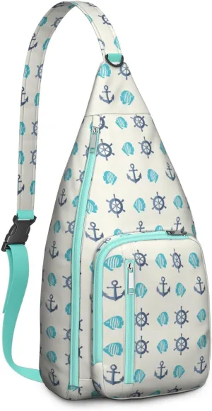 Anchor and Fish Pattern Crossbody Bag Daypack for Women Men Lightweight Waterproof Sling Bag Backpack Hiking Cycling