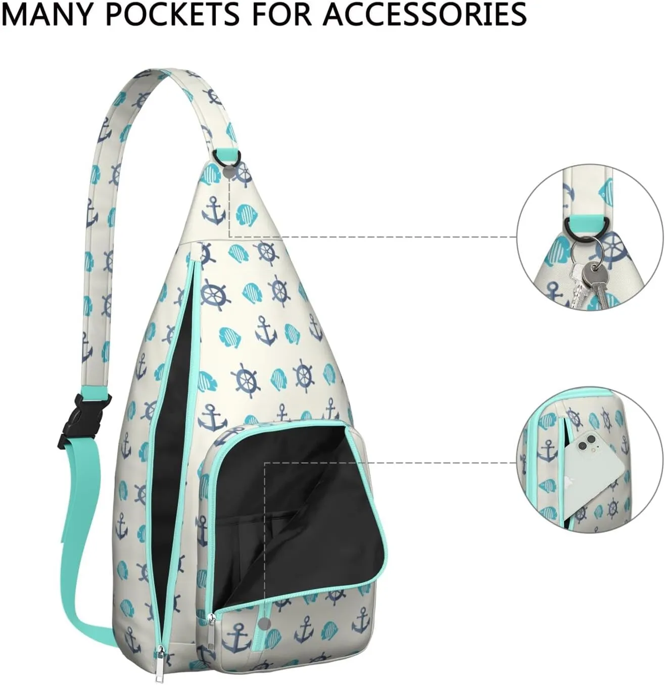 Anchor and Fish Pattern Crossbody Bag Daypack for Women Men Lightweight Waterproof Sling Bag Backpack Hiking Cycling