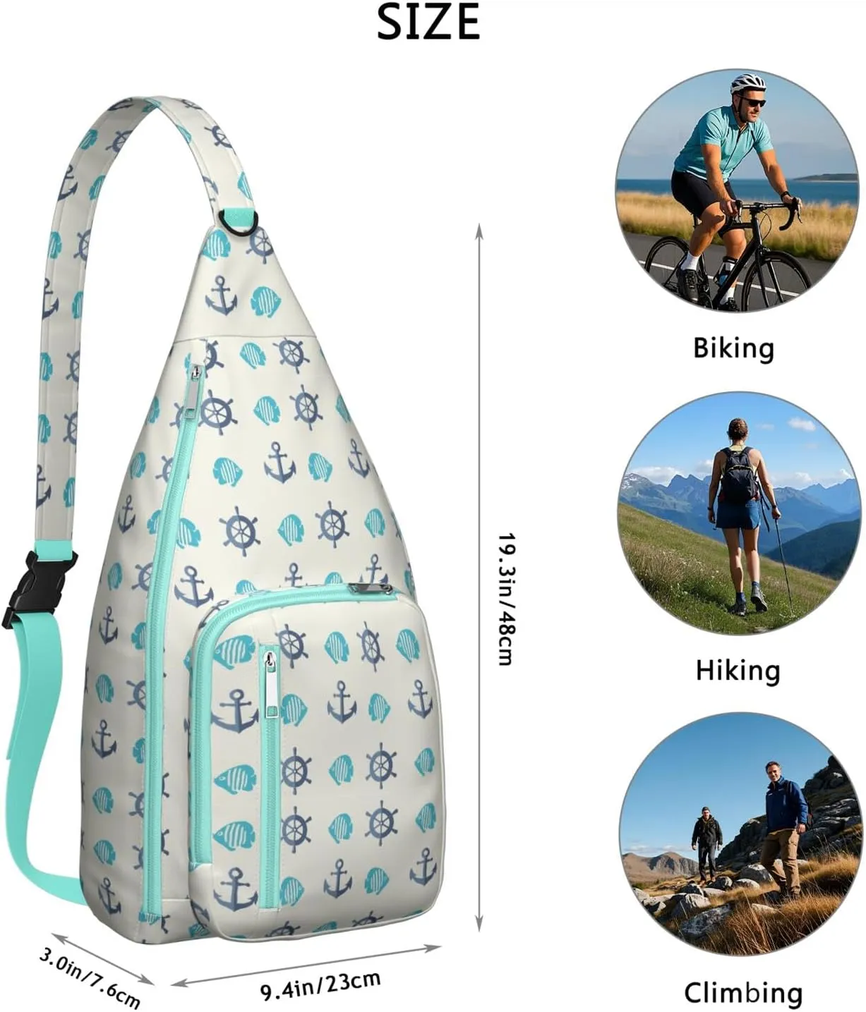 Anchor and Fish Pattern Crossbody Bag Daypack for Women Men Lightweight Waterproof Sling Bag Backpack Hiking Cycling