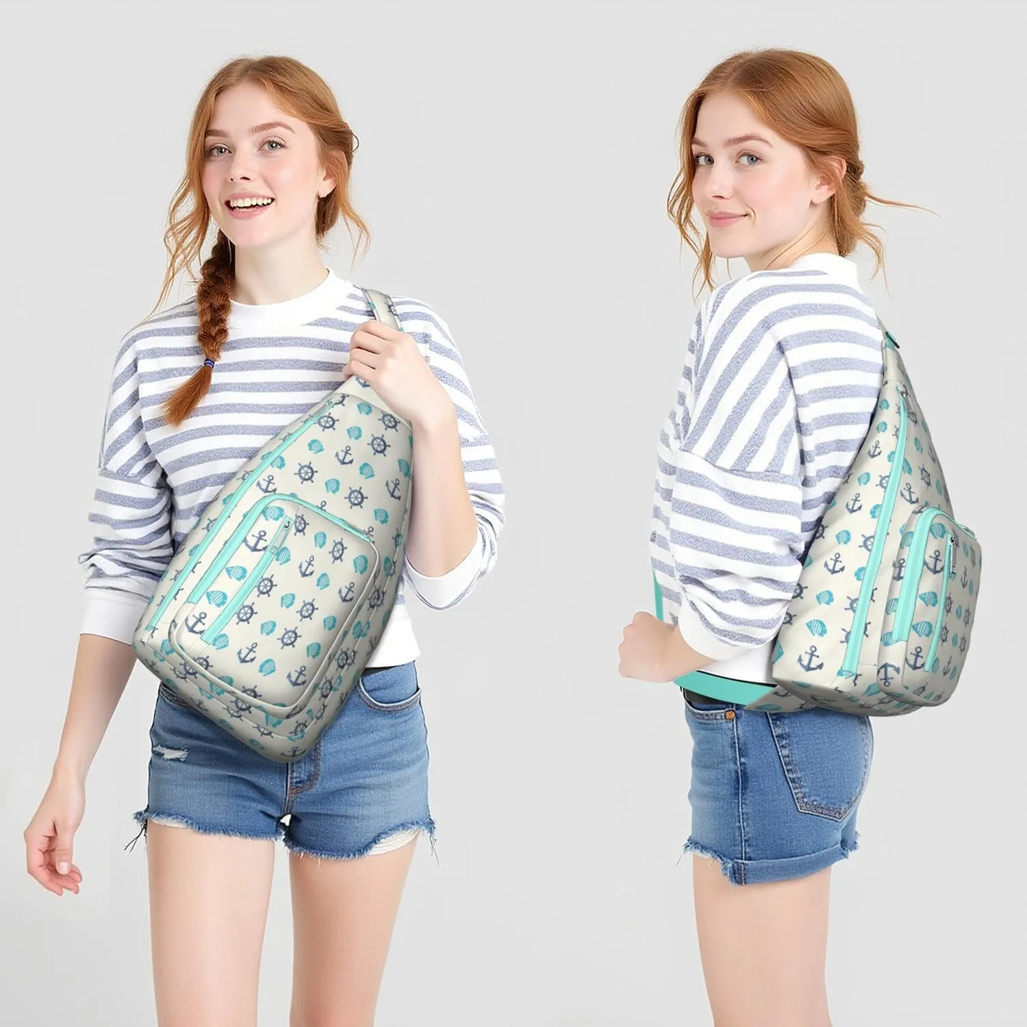 Anchor and Fish Pattern Crossbody Bag Daypack for Women Men Lightweight Waterproof Sling Bag Backpack Hiking Cycling