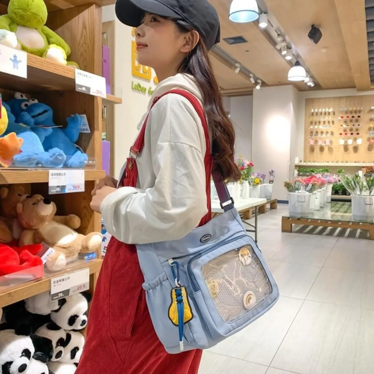 Anime Ita Bag Kawaii 2YK Pin Display Crossbody Purse with Pendant Large Capacity Waterproof Shoulder Bags for Women (White)