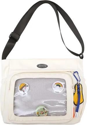 Anime Ita Bag Kawaii 2YK Pin Display Crossbody Purse with Pendant Large Capacity Waterproof Shoulder Bags for Women (White)