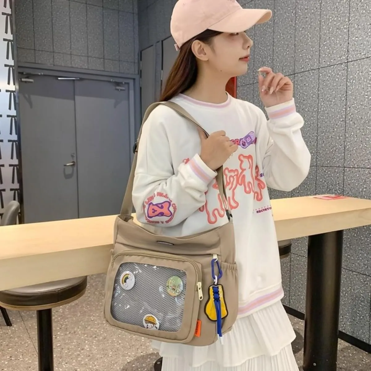 Anime Ita Bag Kawaii 2YK Pin Display Crossbody Purse with Pendant Large Capacity Waterproof Shoulder Bags for Women (White)
