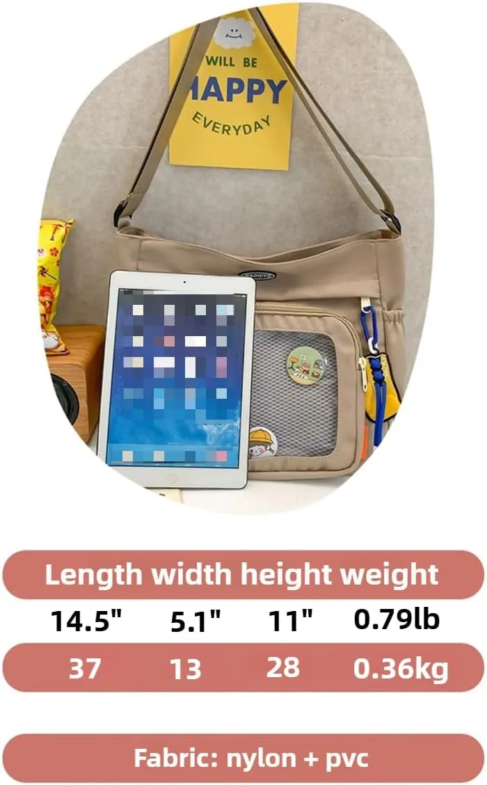 Anime Ita Bag Kawaii 2YK Pin Display Crossbody Purse with Pendant Large Capacity Waterproof Shoulder Bags for Women (White)