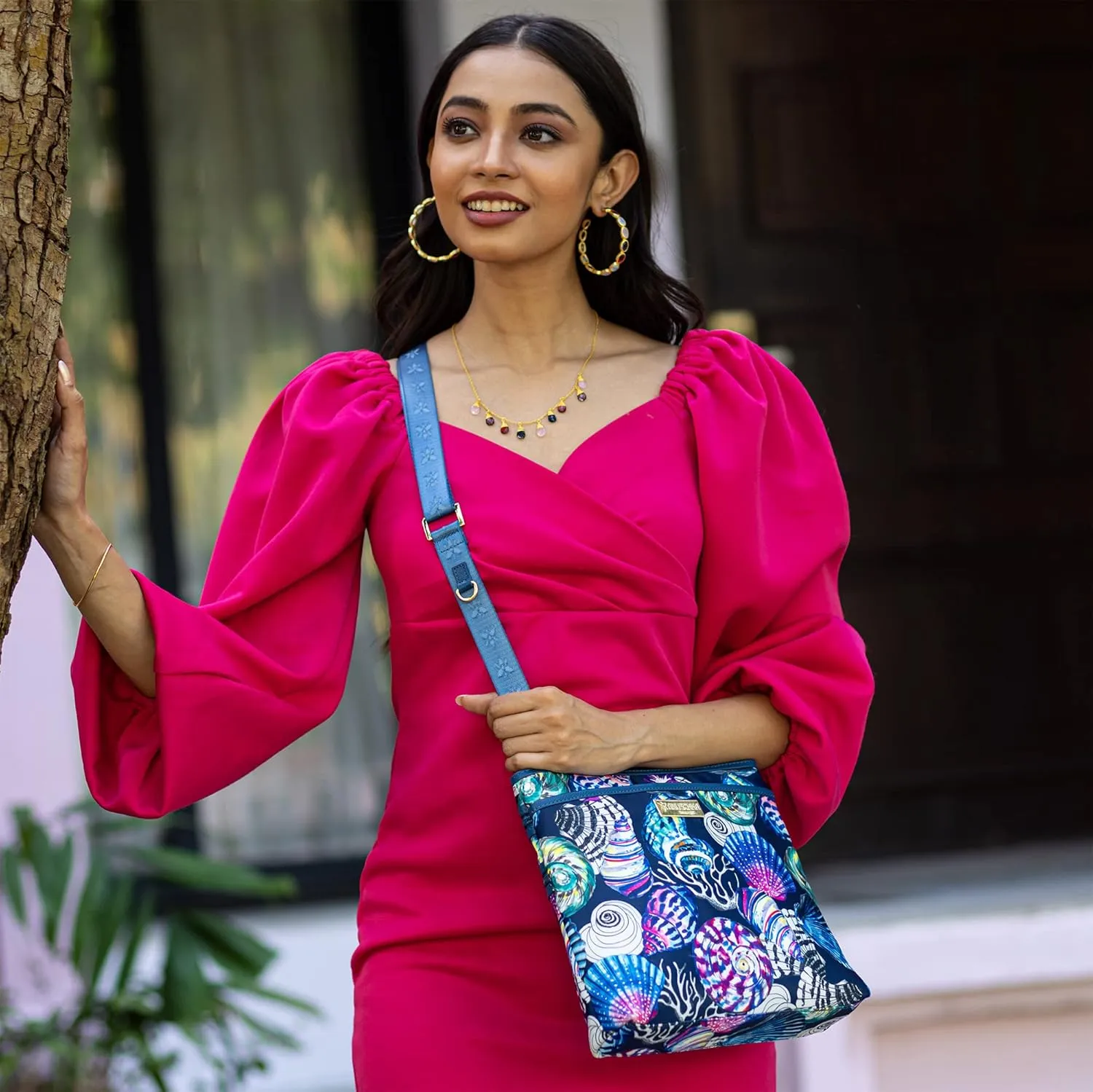 Anuschka Crossbody with Slip Pocket-Wanderlust Collection-Nylon Fabric with Leather Trim and Artwork Print