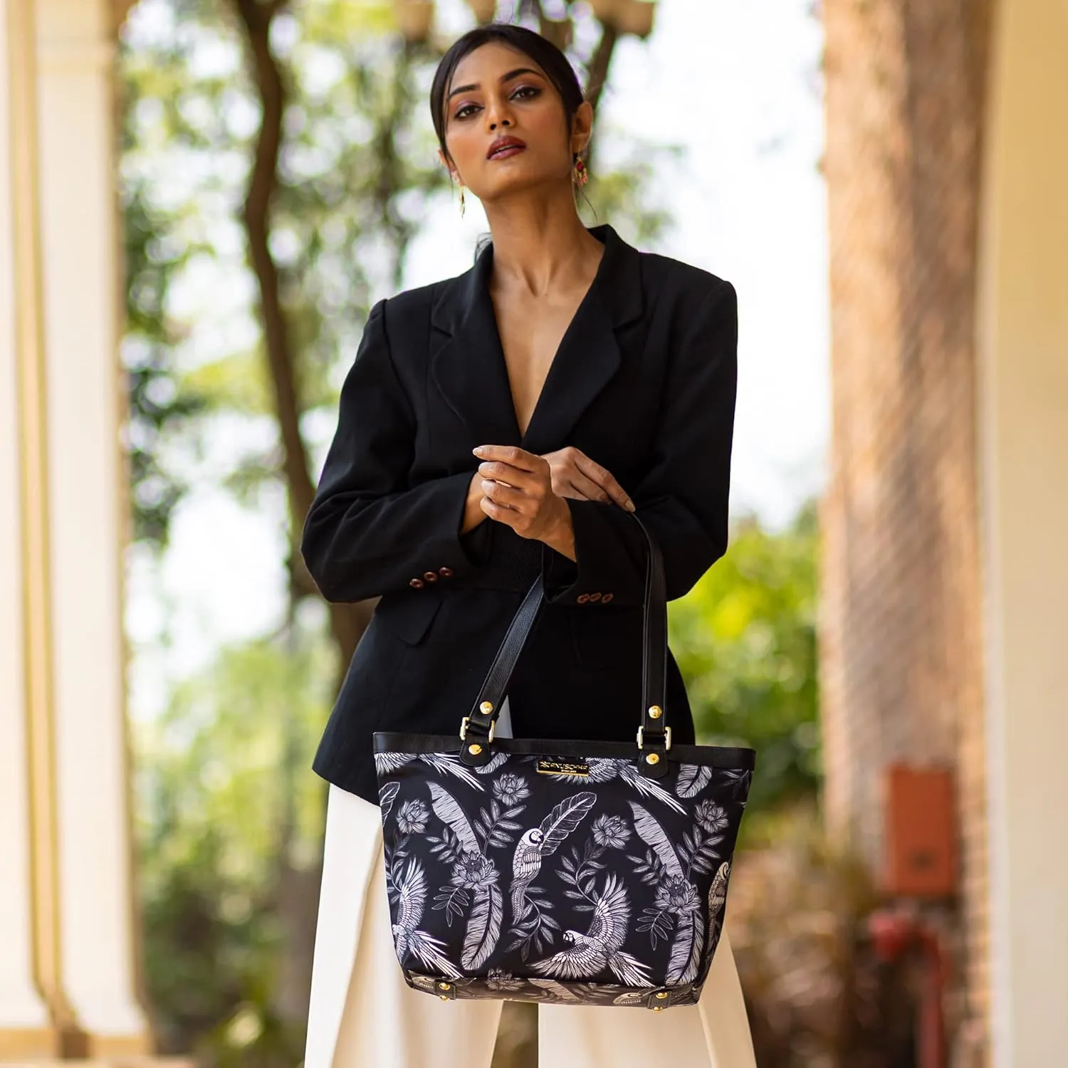 Anuschka Zip Top City Tote-Wanderlust Collection-Nylon Fabric with Leather Trim and Artwork Print