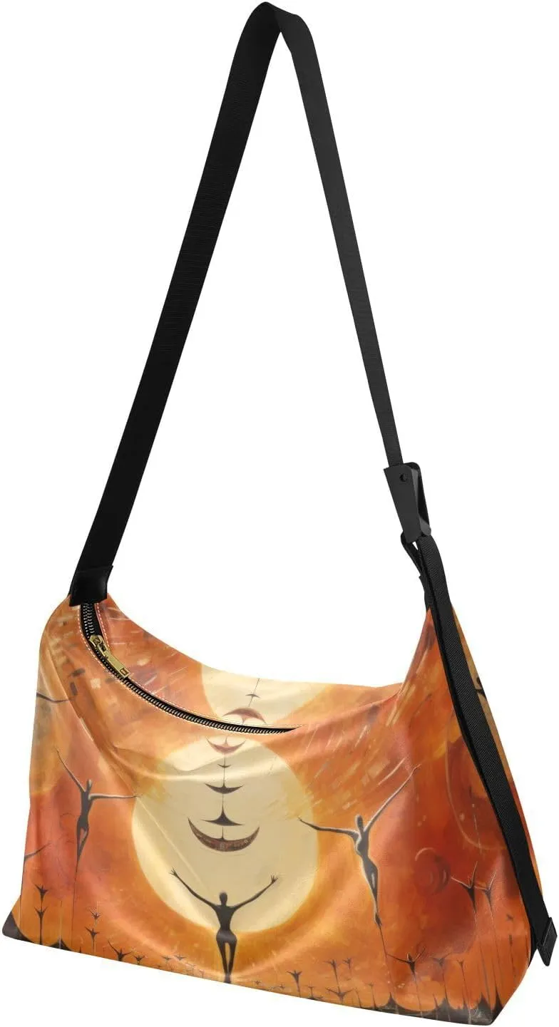 Art Illustration Shoulder Bag Large Capacity Leather Crossbody Bags Purse Zipper Closure with Fabric Strap