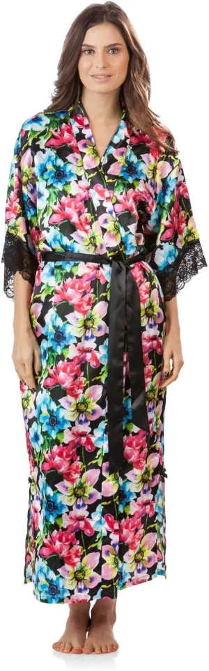 Ashford & Brooks Women's Satin Lace Trim Long Kimono Robe