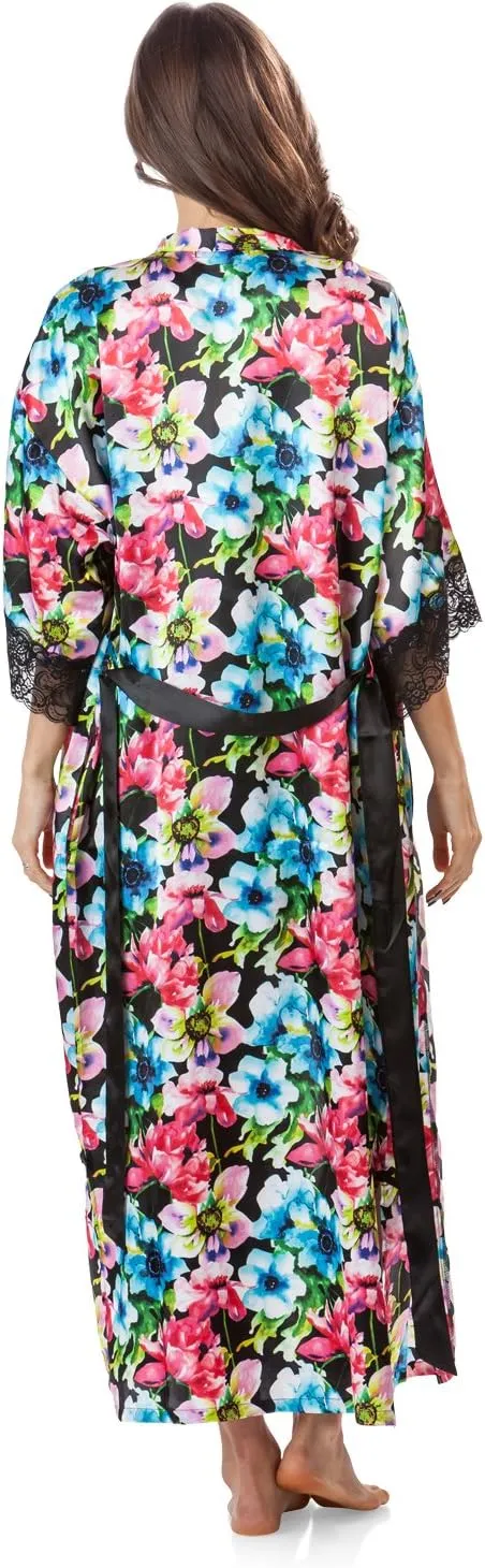 Ashford & Brooks Women's Satin Lace Trim Long Kimono Robe