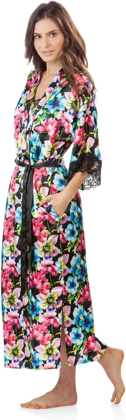 Ashford & Brooks Women's Satin Lace Trim Long Kimono Robe
