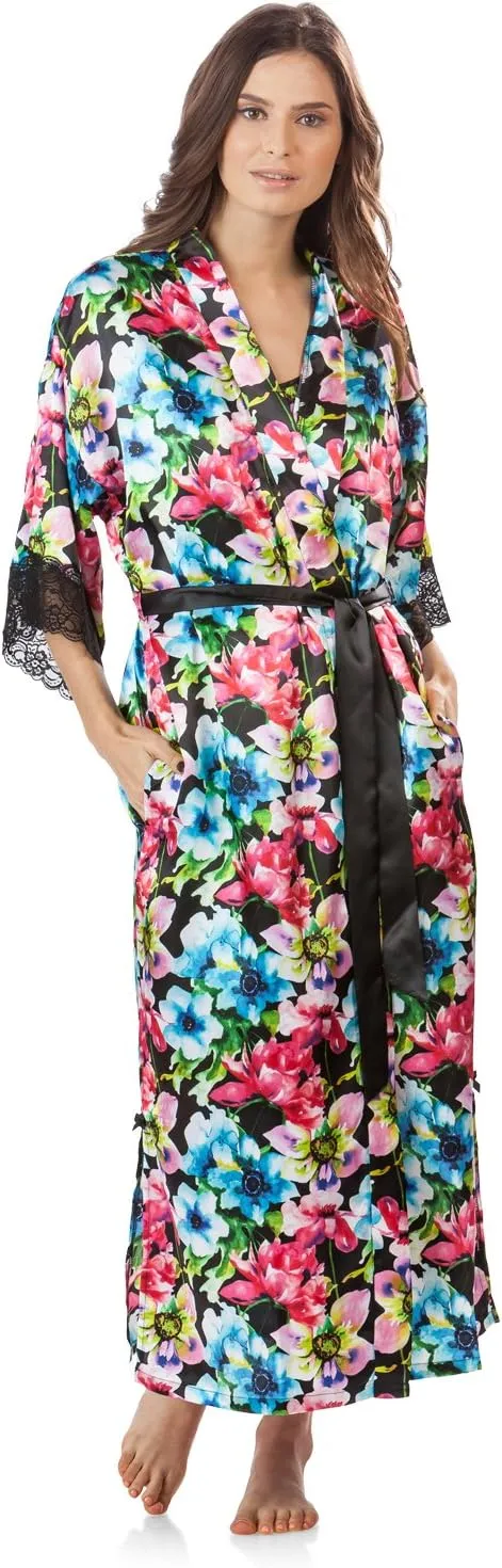 Ashford & Brooks Women's Satin Lace Trim Long Kimono Robe