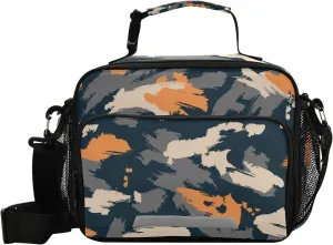 Aslsiy Chaotic Orange Camouflage Reusable Lunch Bag for Women Men, Insulated Lunch Box Handbag Portable for Office Picnic Travel Cooler Bag with Adjustable Shoulder Strap