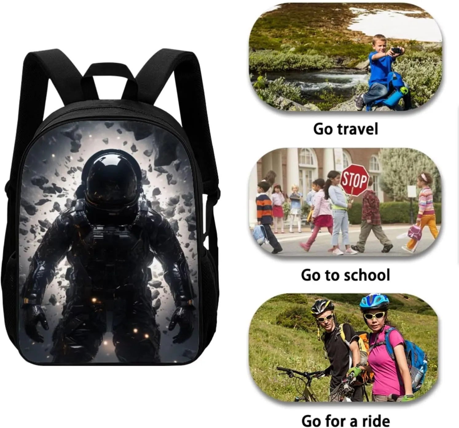 Astronaut Backpacks for Teen Boys Kids School Backpack Lightweight Book Bags for Kids with Lunch Boxes Black Pencil Case Keychain Set of 4 Shoulder Bag for Elementary Boys