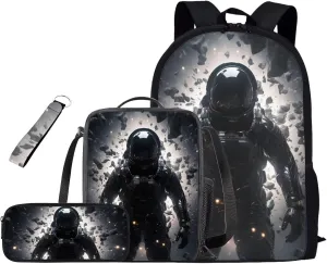 Astronaut Backpacks for Teen Boys Kids School Backpack Lightweight Book Bags for Kids with Lunch Boxes Black Pencil Case Keychain Set of 4 Shoulder Bag for Elementary Boys