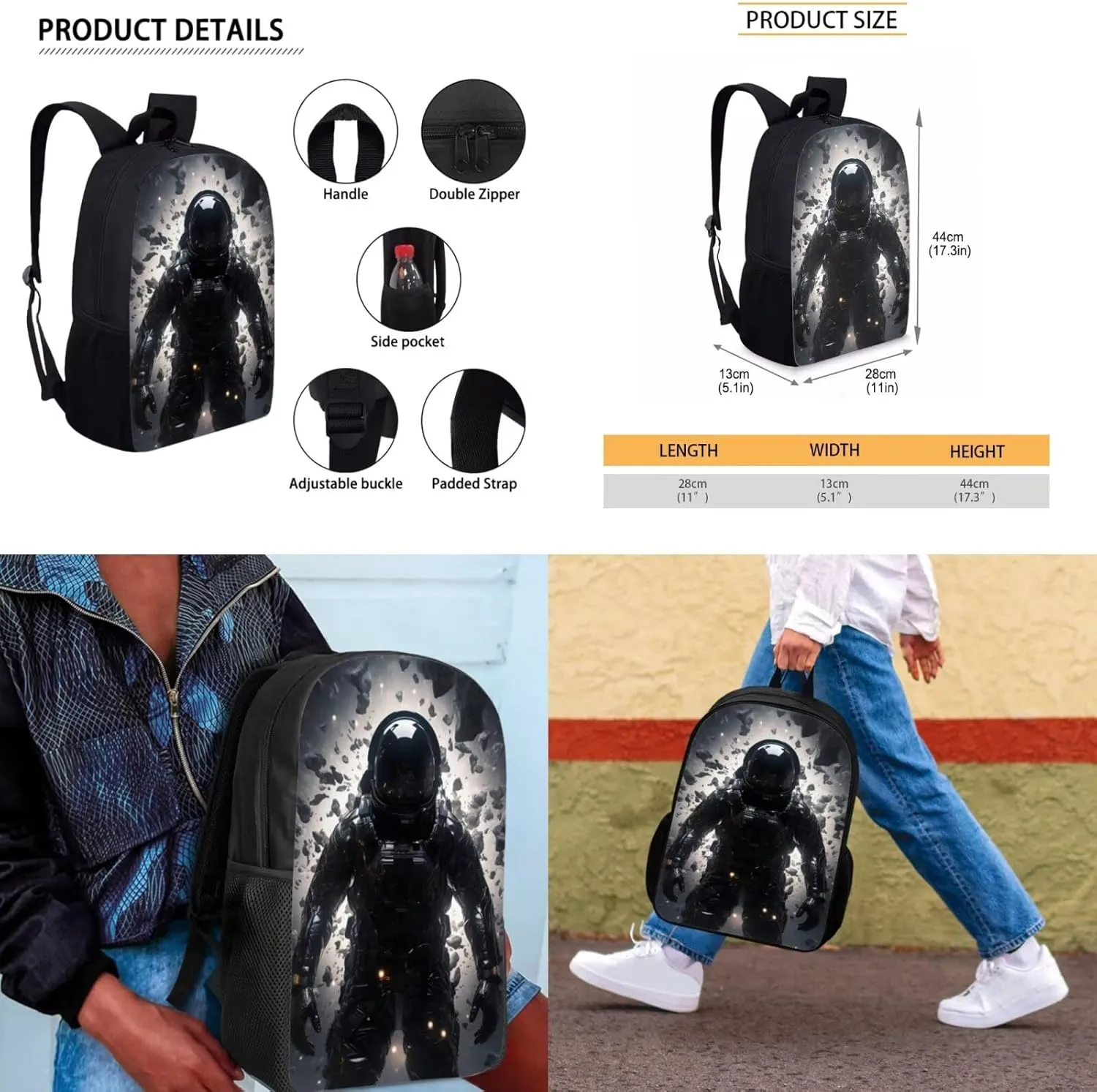 Astronaut Backpacks for Teen Boys Kids School Backpack Lightweight Book Bags for Kids with Lunch Boxes Black Pencil Case Keychain Set of 4 Shoulder Bag for Elementary Boys