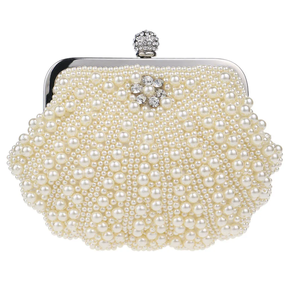 Asymmetric Shell Pattern Rhinestone Embellished Pearl Clutch - Beige