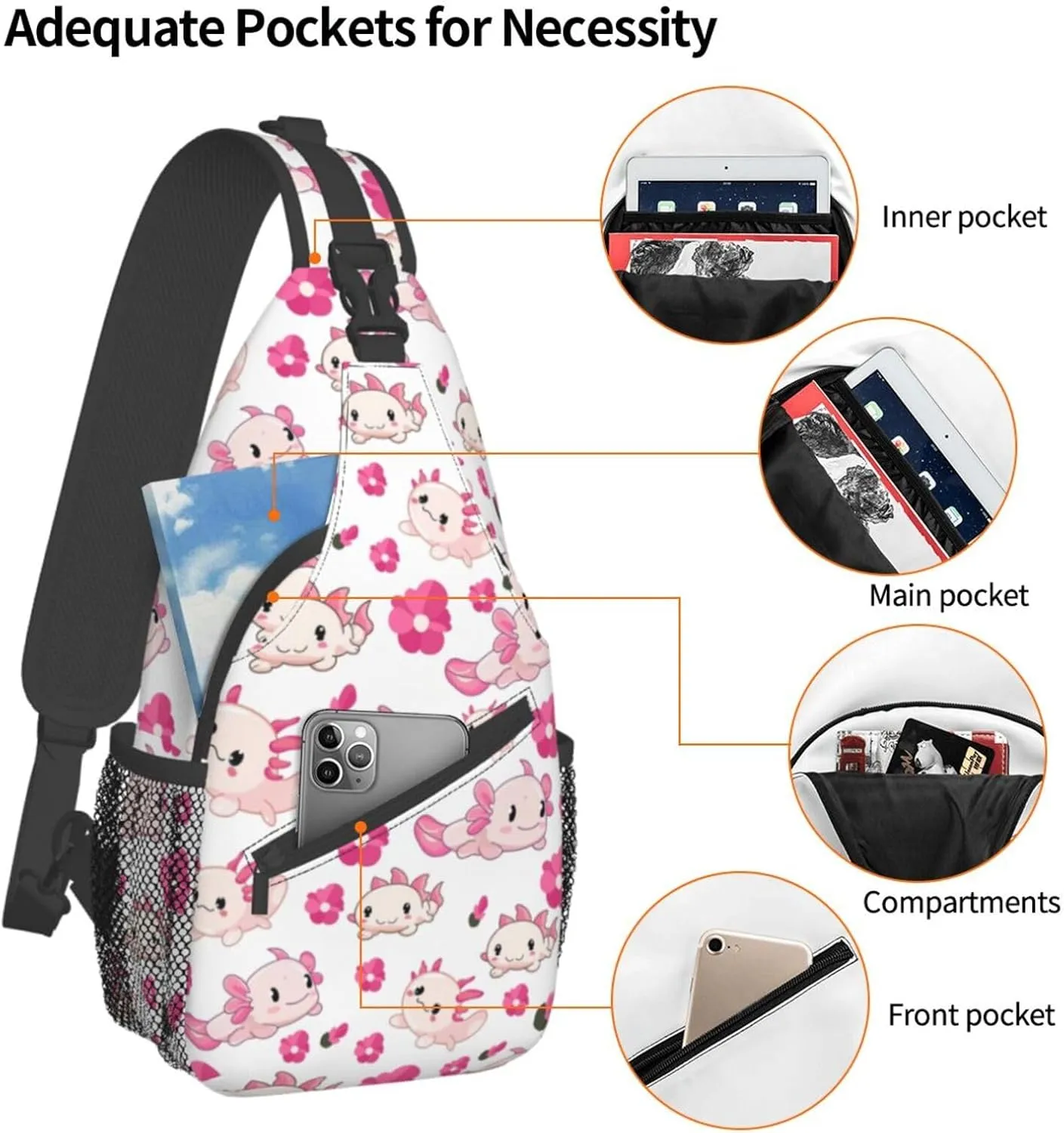 Axolotl Sling Backpack Chest Bag Crossbody Shoulder Bag Gym Cycling Travel Hiking Daypack For Men Women
