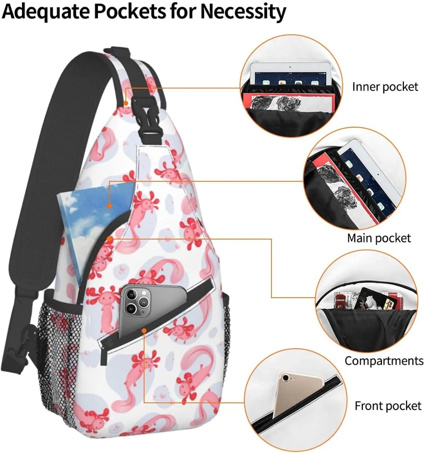 Axolotl Sling Backpack Chest Bag Crossbody Shoulder Bag Gym Cycling Travel Hiking Daypack For Men Women