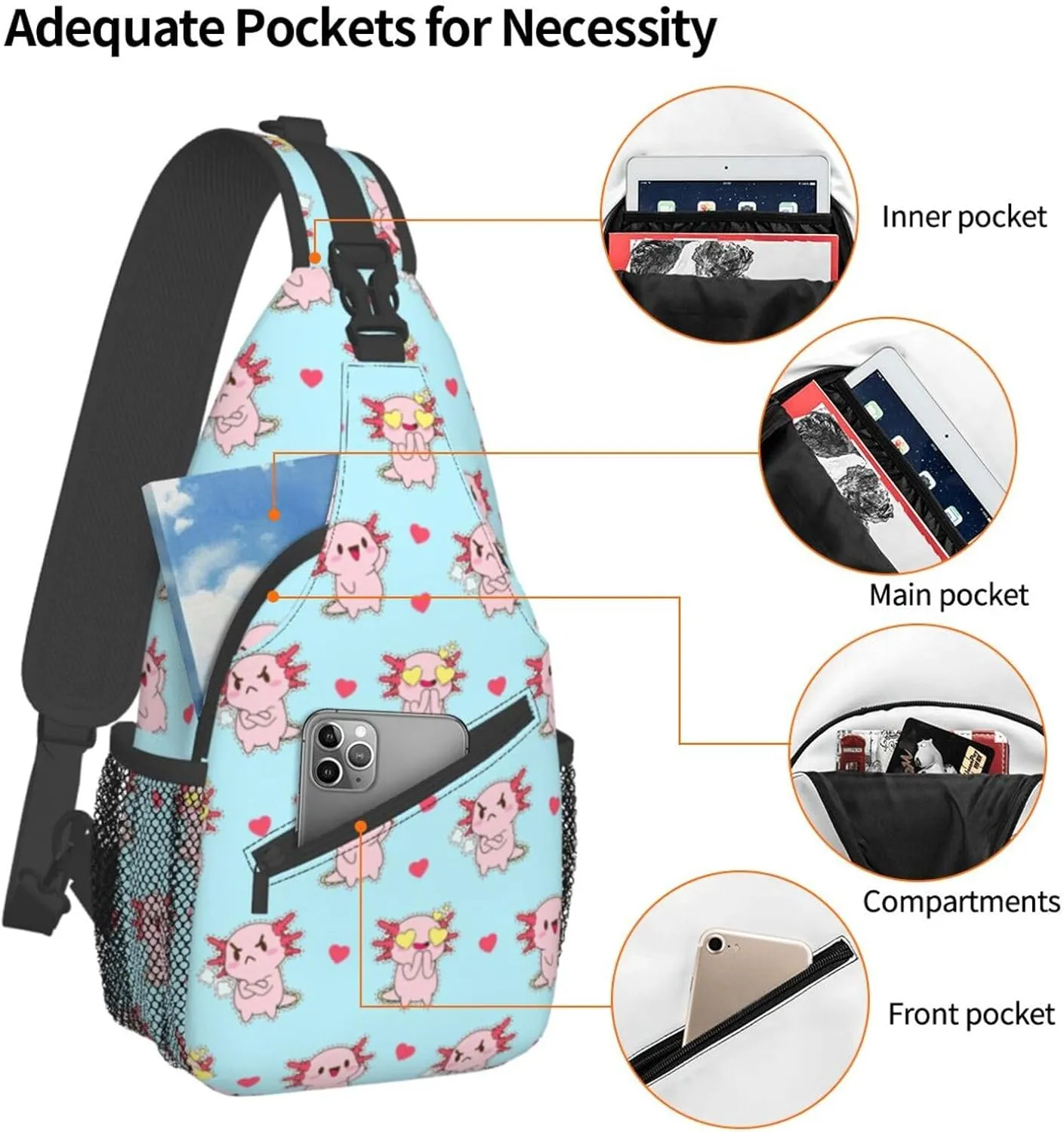 Axolotl Sling Backpack Chest Bag Crossbody Shoulder Bag Gym Cycling Travel Hiking Daypack For Men Women