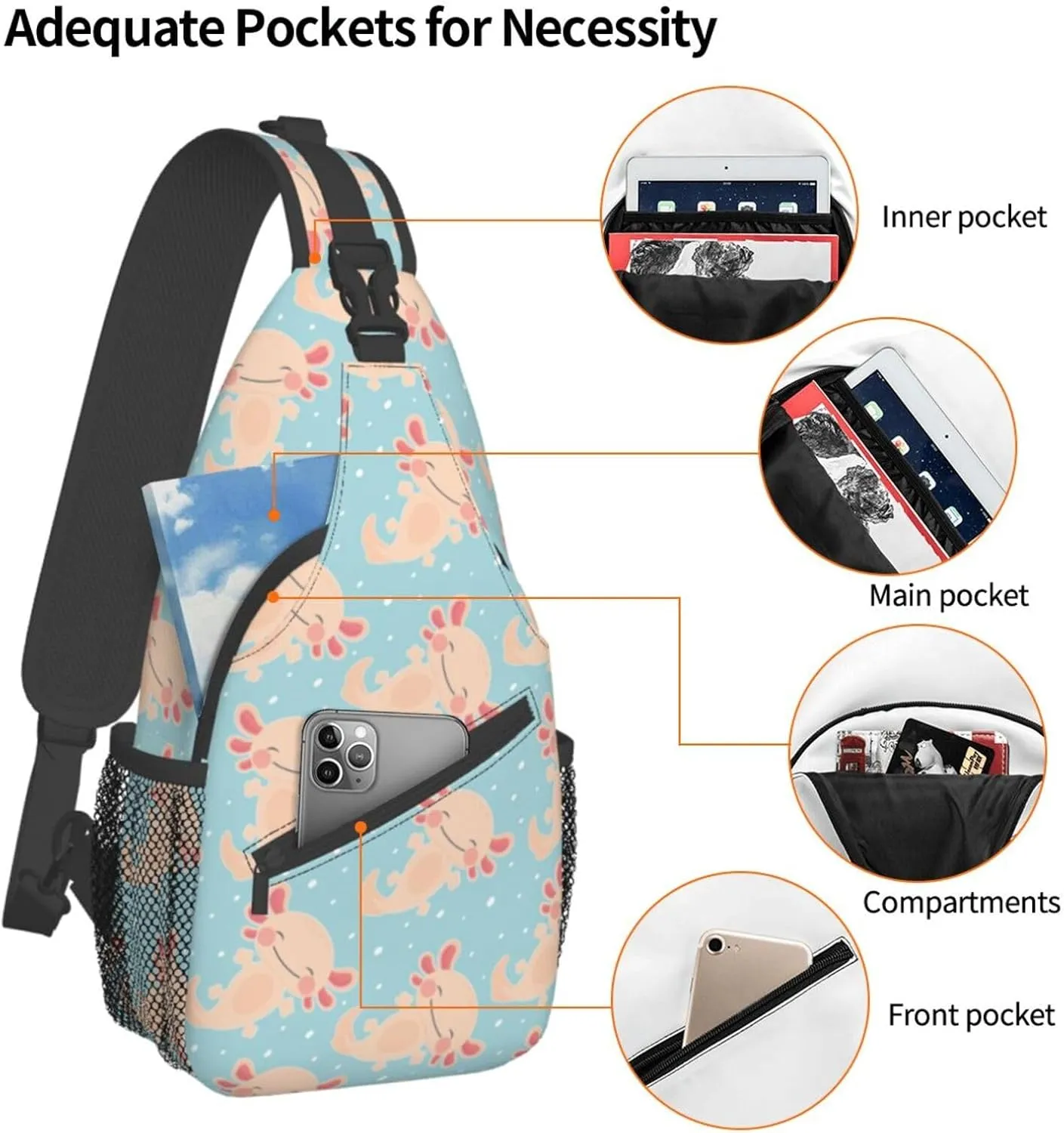 Axolotl Sling Backpack Chest Bag Crossbody Shoulder Bag Gym Cycling Travel Hiking Daypack For Men Women