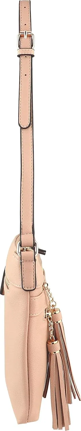 B BRENTANO Vegan Multi-Zipper Crossbody Handbag Purse with Tassel Accents