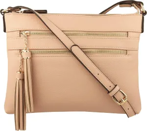 B BRENTANO Vegan Multi-Zipper Crossbody Handbag Purse with Tassel Accents