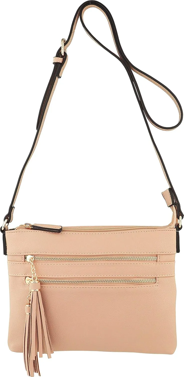B BRENTANO Vegan Multi-Zipper Crossbody Handbag Purse with Tassel Accents