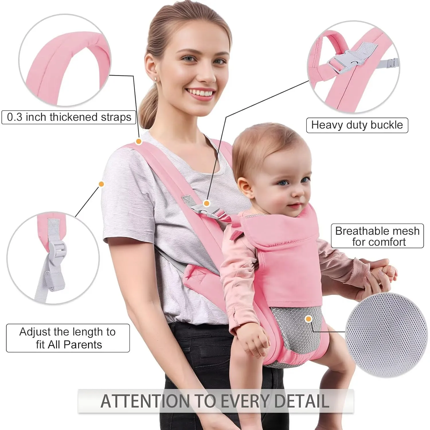 Baby Carrier Newborn to Toddler(7-30lbs), Toddler Carrier with Adjustable Shoulder Strap, Baby Holder Carrier with Breathable Mesh Fabric, Pink