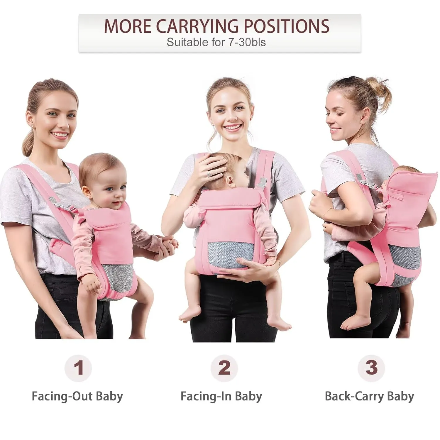 Baby Carrier Newborn to Toddler(7-30lbs), Toddler Carrier with Adjustable Shoulder Strap, Baby Holder Carrier with Breathable Mesh Fabric, Pink