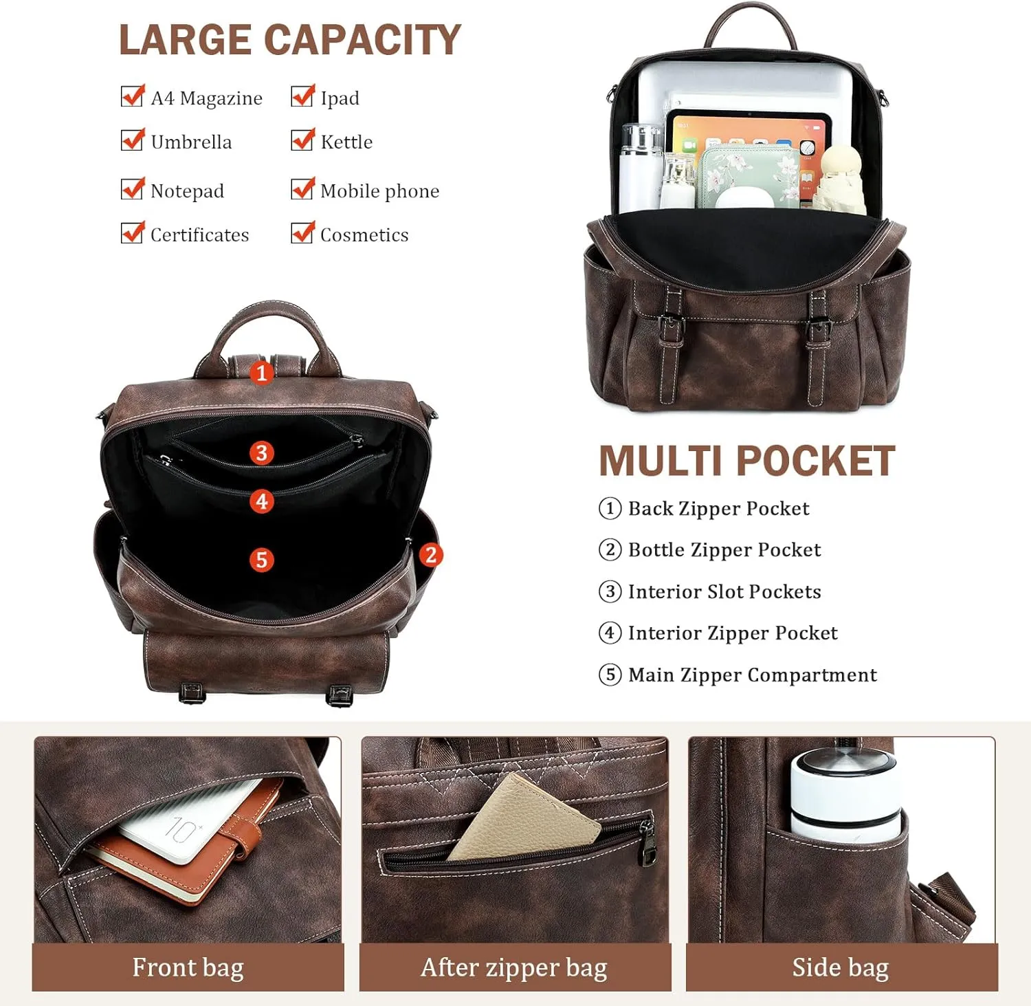Backpack Purse for Women PU Leather Back Packs Designer Ladies Shoulder Bag Fashion Faux Work Travel Handbags