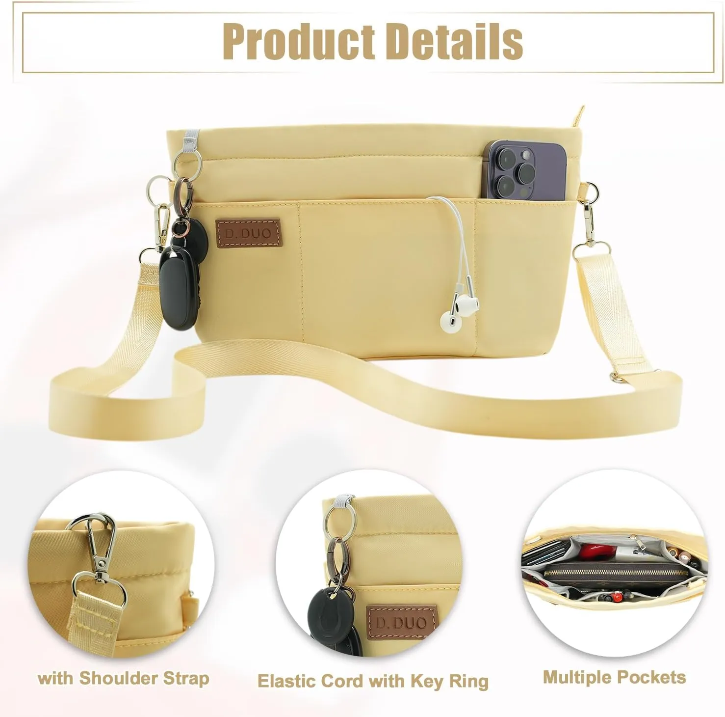 Bag Organizer Insert, Crossbody Bag, Tote Organizer Insert with Adjustable Bag Strap, Waterproof Nylon Purse Inserts (Yellow, S)