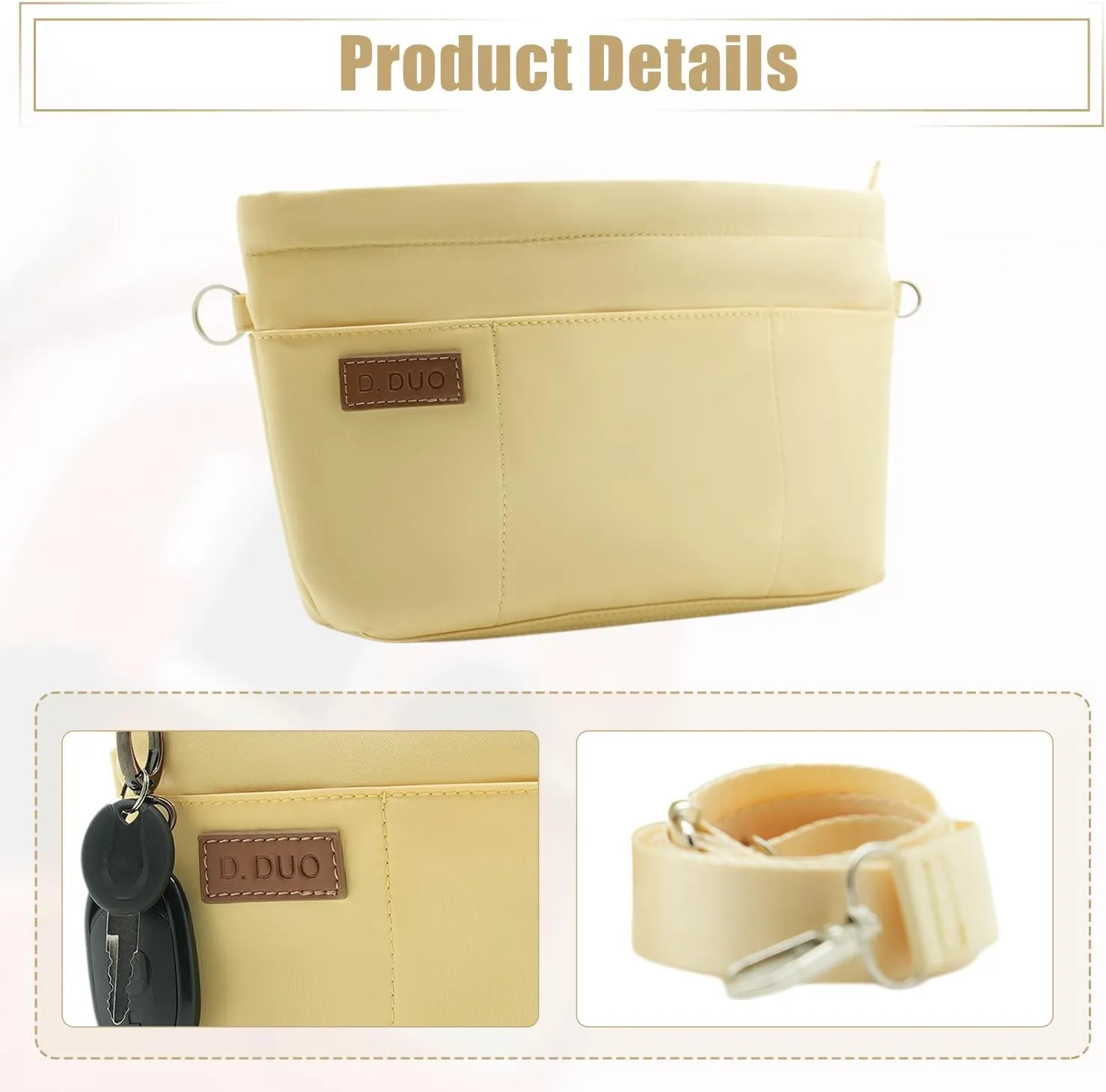 Bag Organizer Insert, Crossbody Bag, Tote Organizer Insert with Adjustable Bag Strap, Waterproof Nylon Purse Inserts (Yellow, S)
