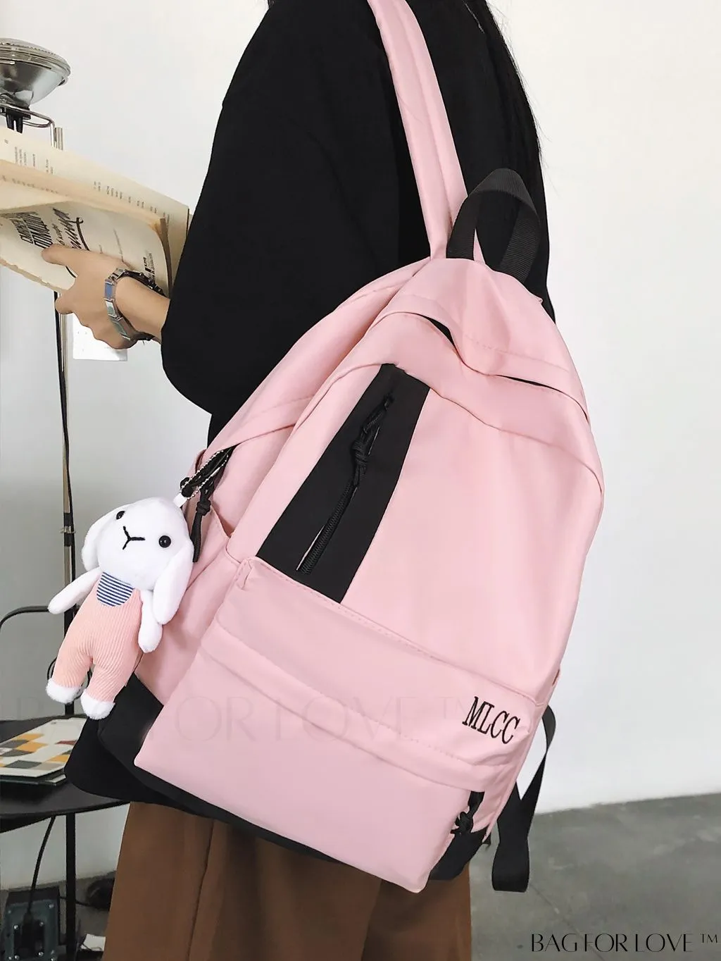 BagForLove - Color Block Student Backpack: Large Capacity with Rabbit Pendant