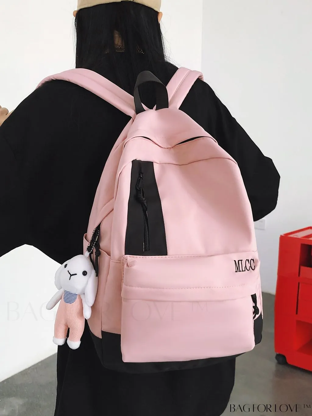 BagForLove - Color Block Student Backpack: Large Capacity with Rabbit Pendant