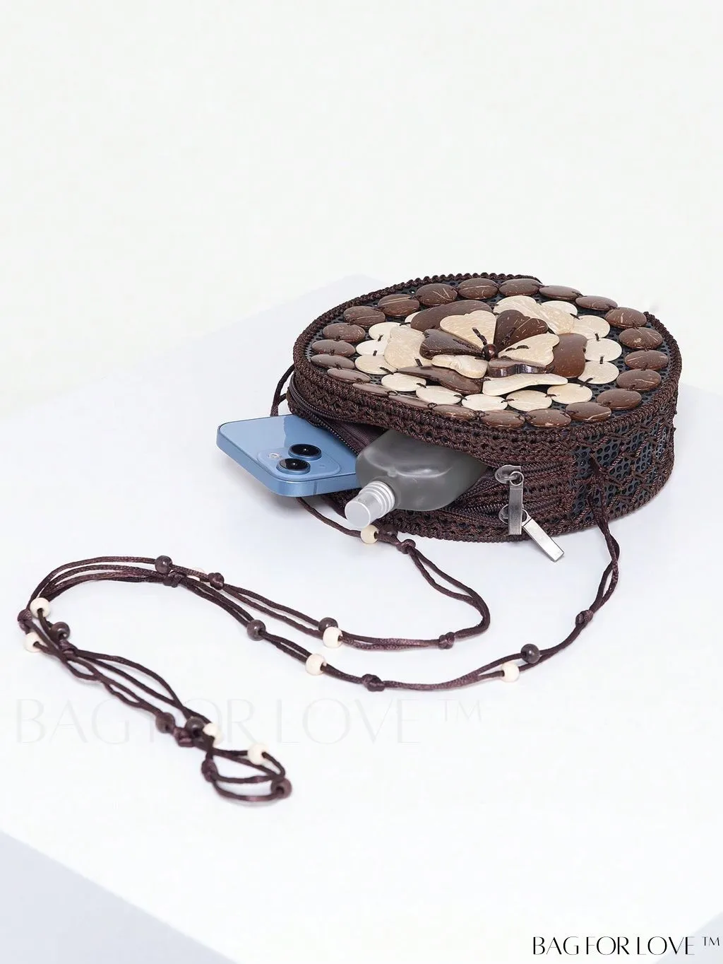 BagForLove - Handcrafted Mini Beaded Coconut Shell Crossbody Bag, Stylish Woven Travel Shoulder Bag