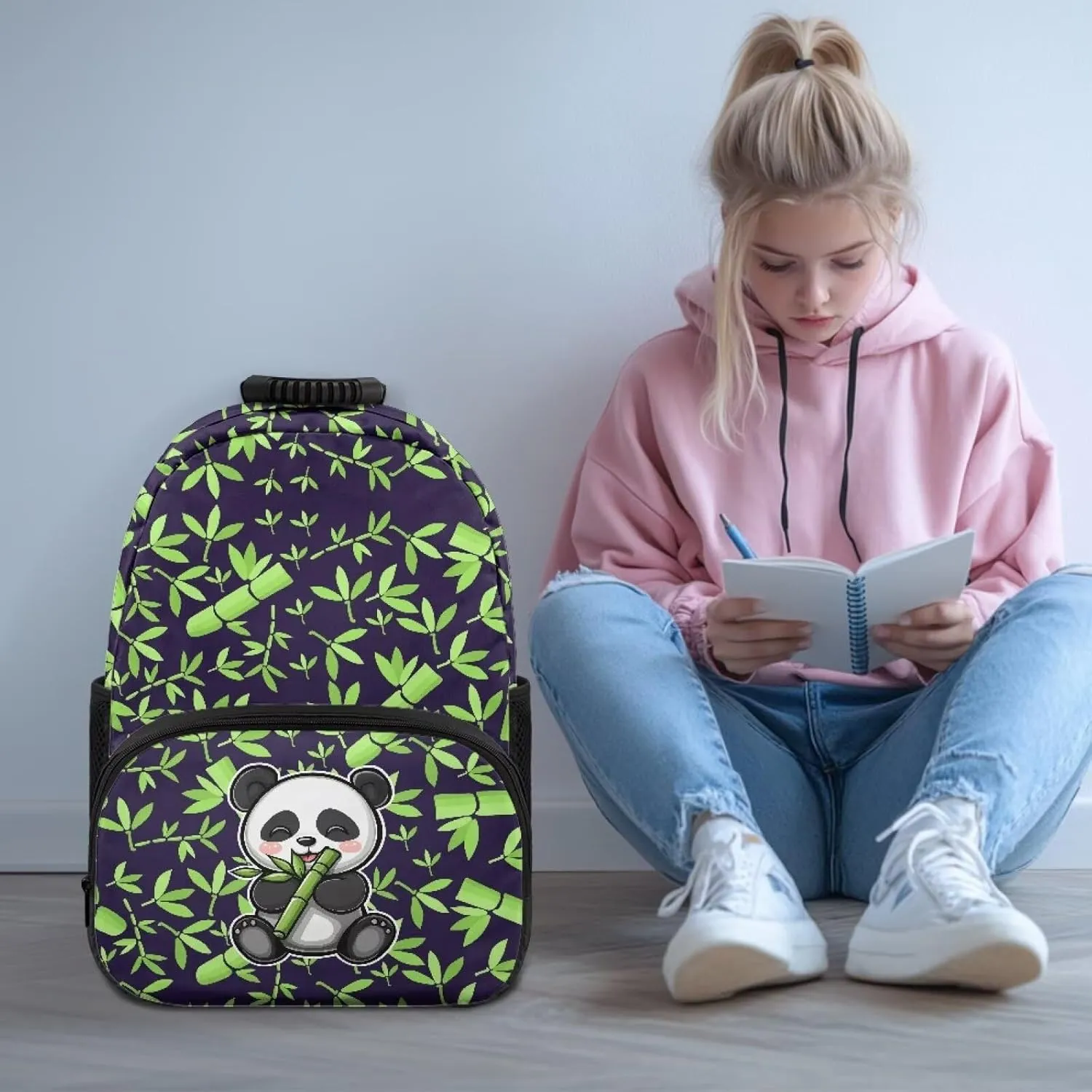Bamboo Laptop Backpacks Panda Printed School Backpack for Teens Lightweight Book Bag with Adjustable Padded Shoulder Straps for School
