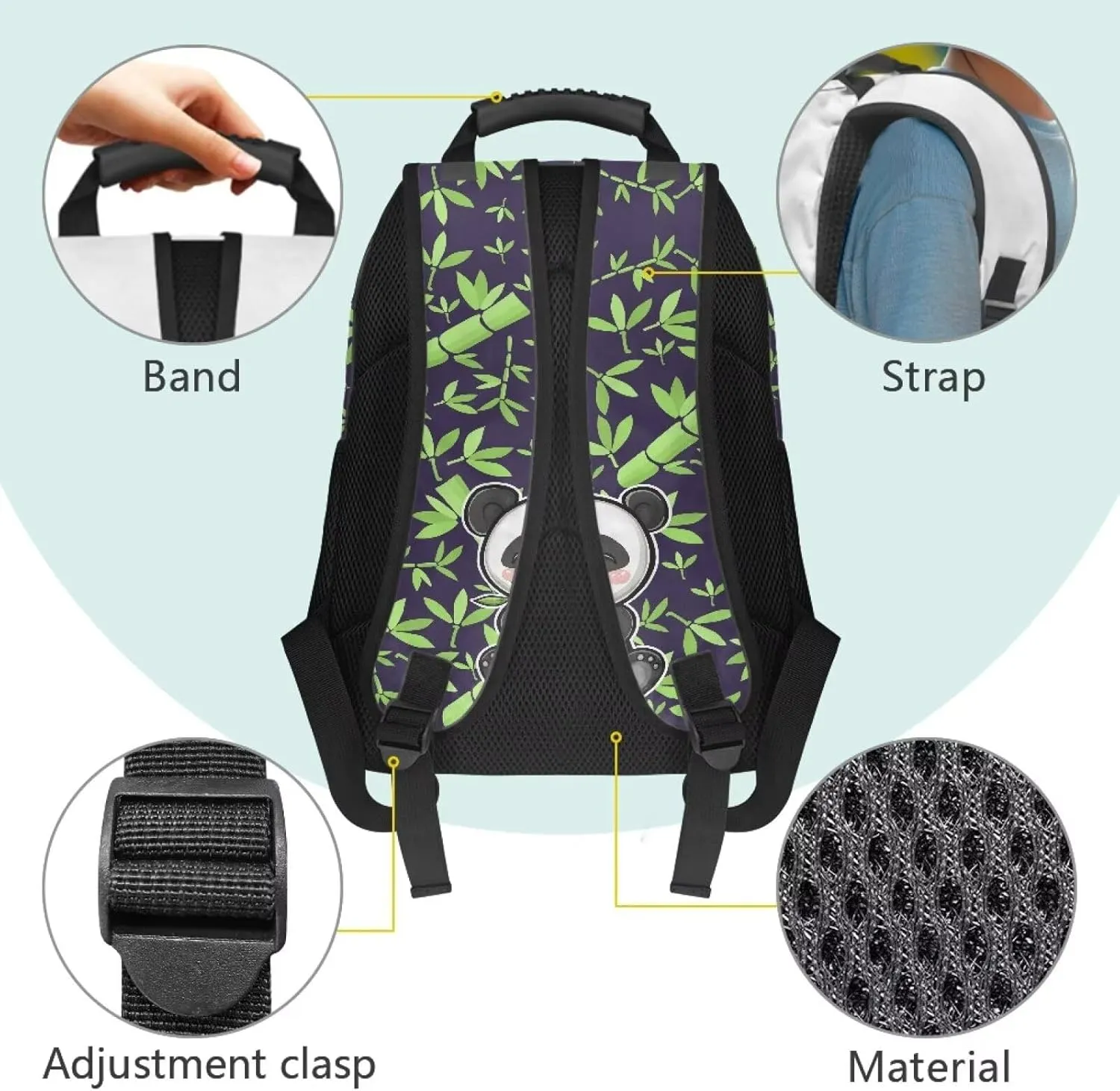 Bamboo Laptop Backpacks Panda Printed School Backpack for Teens Lightweight Book Bag with Adjustable Padded Shoulder Straps for School