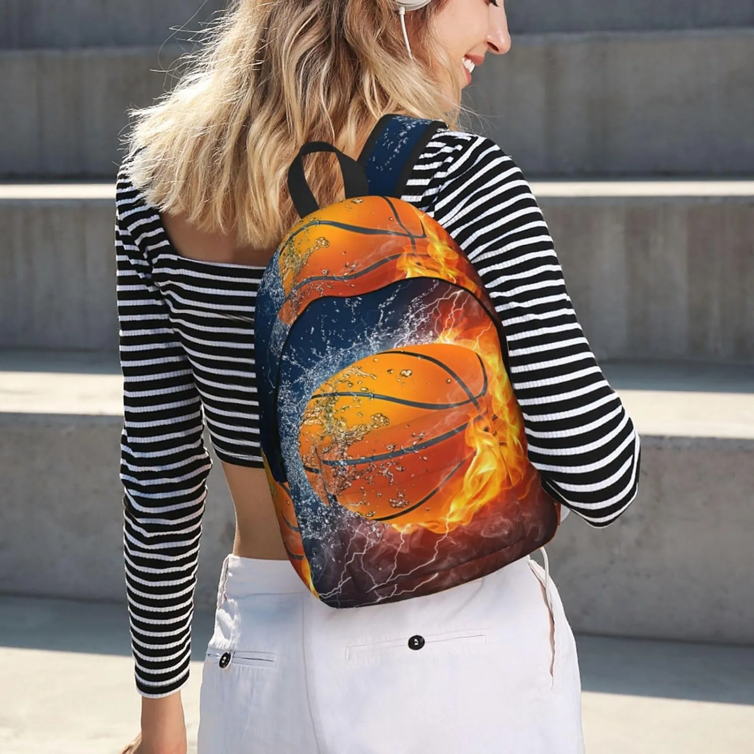 Basketball water fire thunder lightning Canvas Backpacks Laptop Backpack Multipurpose Double Shoulder Bag for Men Women Gifts Medium