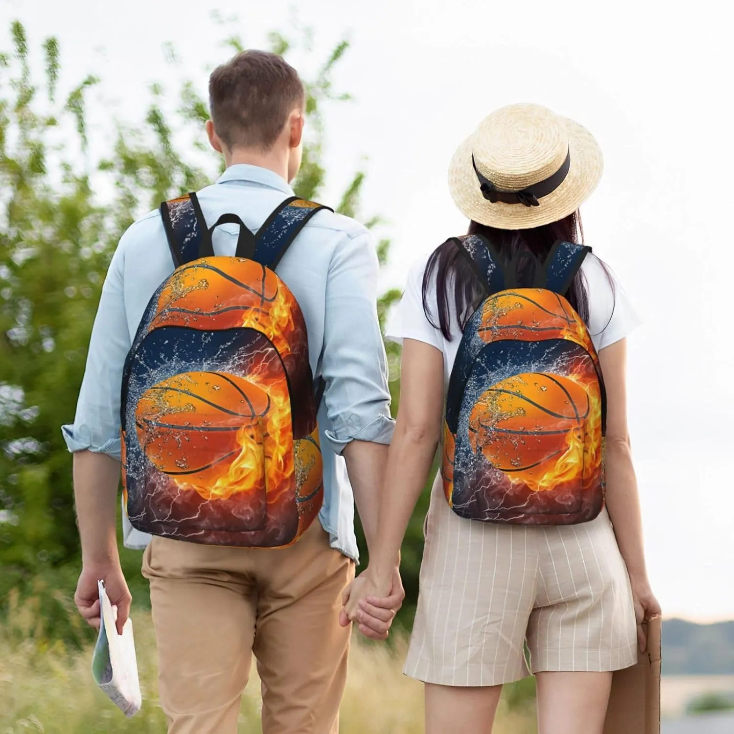 Basketball water fire thunder lightning Canvas Backpacks Laptop Backpack Multipurpose Double Shoulder Bag for Men Women Gifts Medium