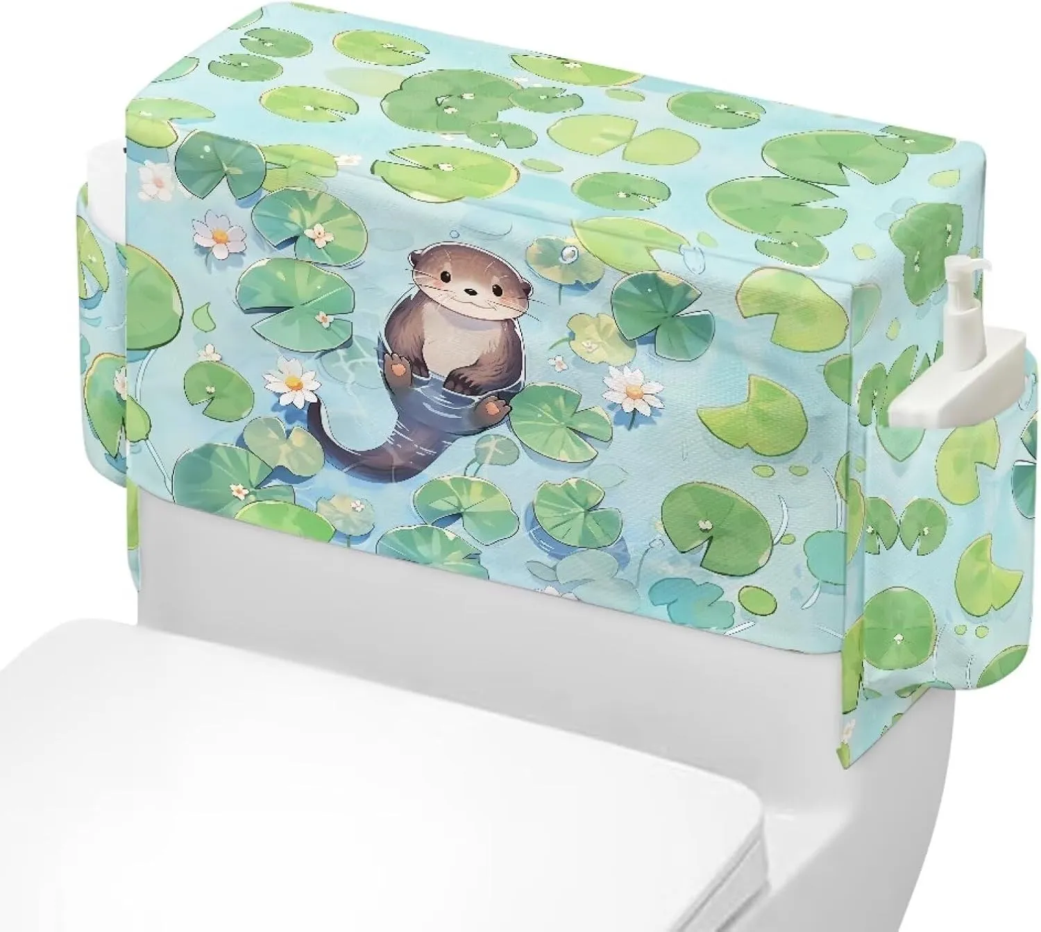 Bathroom Storage Toilet Tank Cover with Extra 2 Storage Bag Bathroom Decor Accessories Perfect for Rentals Small Bathrooms, Otter Lotus Leaf