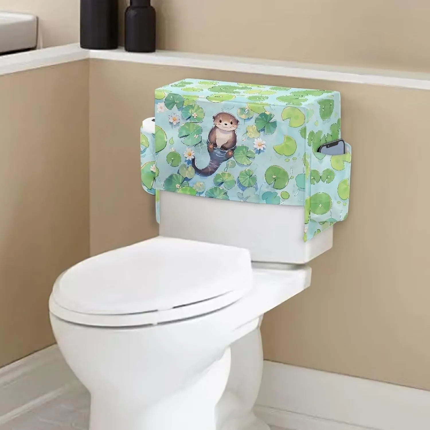 Bathroom Storage Toilet Tank Cover with Extra 2 Storage Bag Bathroom Decor Accessories Perfect for Rentals Small Bathrooms, Otter Lotus Leaf