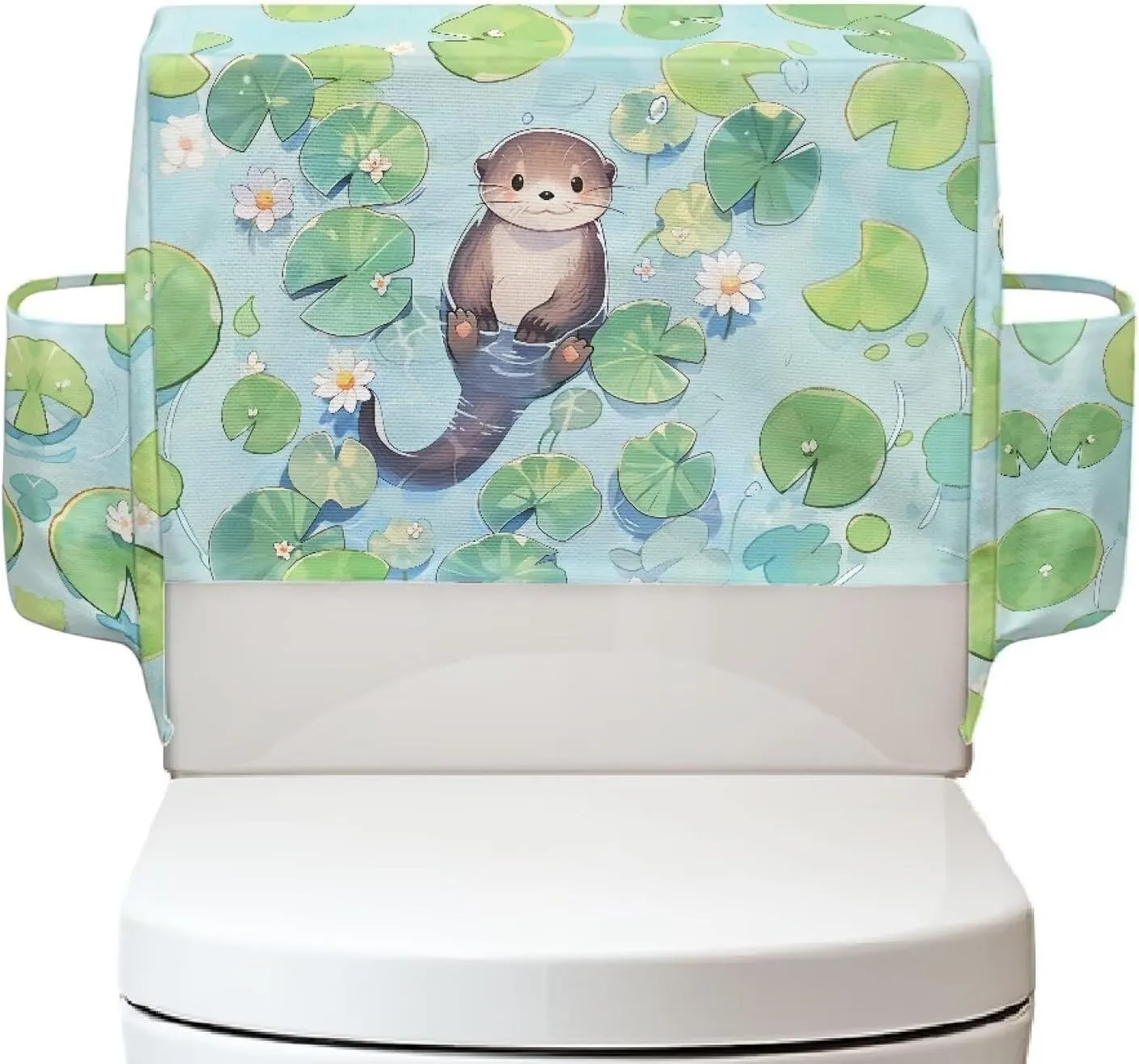 Bathroom Storage Toilet Tank Cover with Extra 2 Storage Bag Bathroom Decor Accessories Perfect for Rentals Small Bathrooms, Otter Lotus Leaf