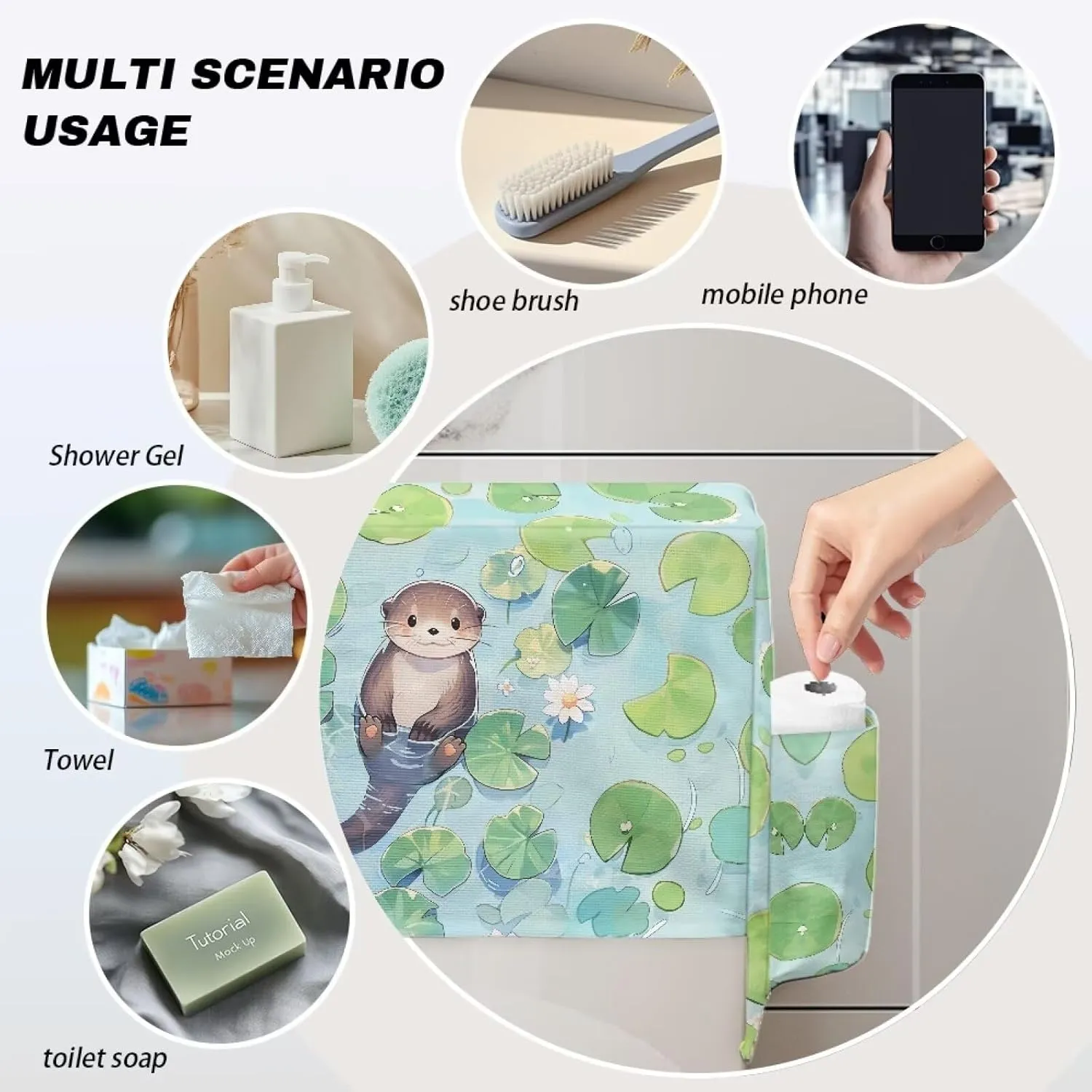 Bathroom Storage Toilet Tank Cover with Extra 2 Storage Bag Bathroom Decor Accessories Perfect for Rentals Small Bathrooms, Otter Lotus Leaf